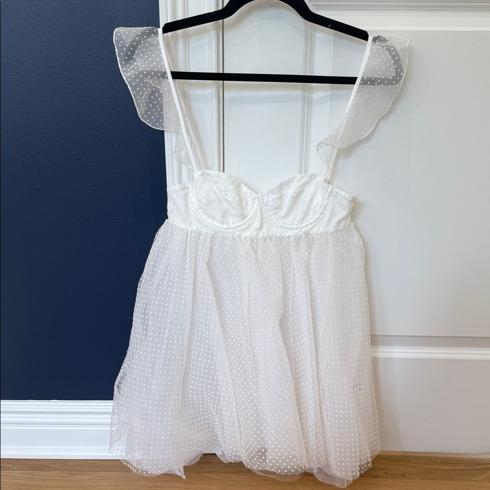 The Bar White Swiss Dot Tulle Babydoll Top